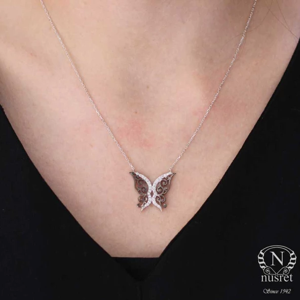 Kelebek 925 Ayar Gümüş Kolye, Beyaz Siyah - Beyaz Taş - Resim 4