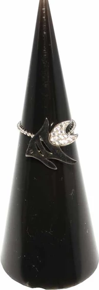 925 Ayar Gümüş Balık Eklem Yüzüğü - Beyaz, Siyah ürün görseli