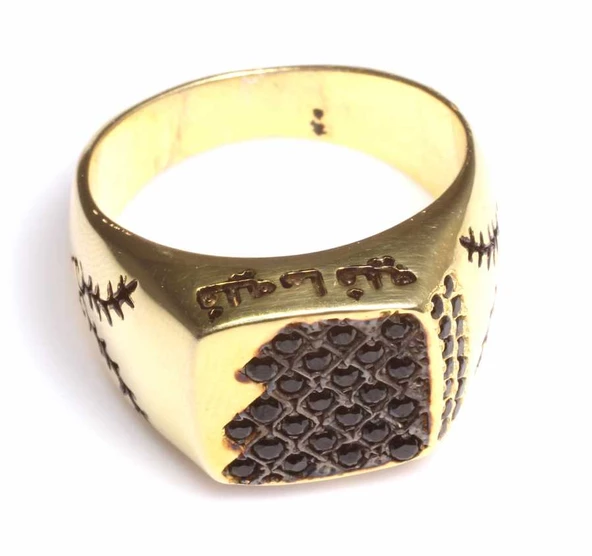 925 Ayar Gümüş Fihi ma Fih Fetih Yüzük, Sarı - Siyah Taş - Resim 3