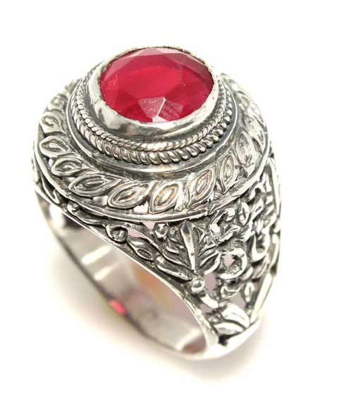 925 Ayar Gümüş Yaprak Motifli Yakut Taşlı Erkek Yüzük