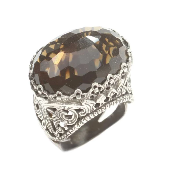 925 Ayar Gümüş Dumanlı Kuvars Taşlı Yüzük - Resim 7