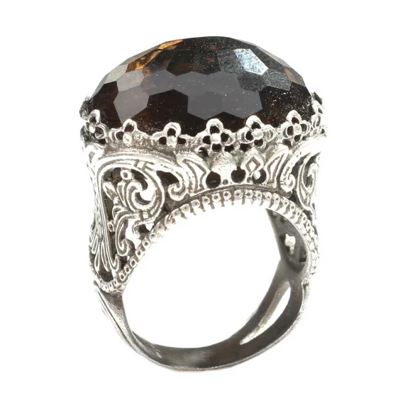 925 Ayar Gümüş Dumanlı Kuvars Taşlı Yüzük - Resim 6