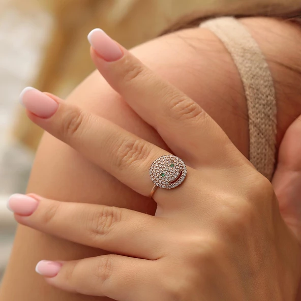 925 Ayar Gümüş Gülen Yüz Modeli Yüzük, Pembe - Beyaz Taş ürün görseli 1