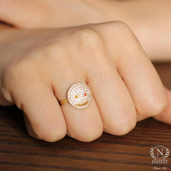 925 Ayar Gümüş Gülen Yüz Modeli Yüzük, Sarı - Beyaz Taş - Resim 3