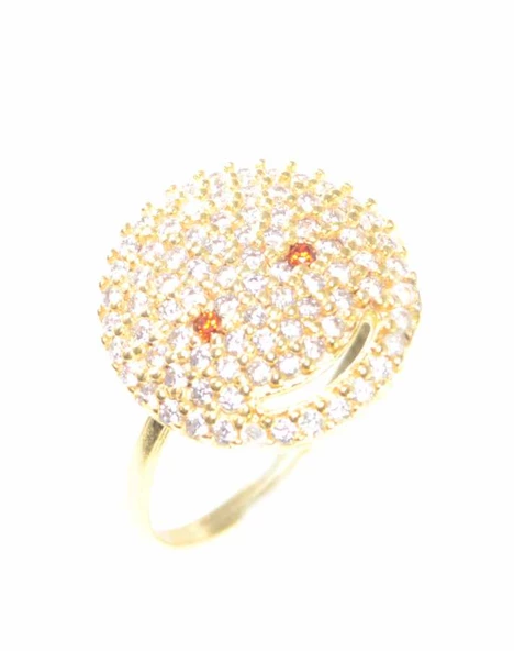 925 Ayar Gümüş Gülen Yüz Modeli Yüzük, Sarı - Beyaz Taş - Resim 2