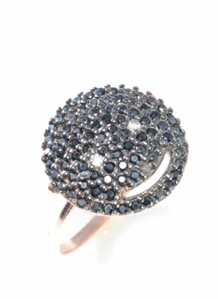 925 Ayar Gümüş Gülen Yüz Modeli Yüzük, Pembe - Siyah Taş - Resim 5