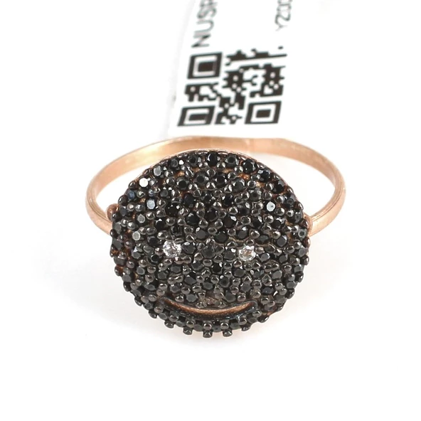 925 Ayar Gümüş Gülen Yüz Modeli Yüzük, Pembe - Siyah Taş - Resim 4