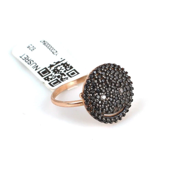 925 Ayar Gümüş Gülen Yüz Modeli Yüzük, Pembe - Siyah Taş - Resim 3