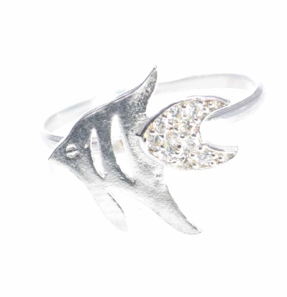 925 Ayar Gümüş Balık Yüzük, Beyaz - Beyaz Taş - Resim 4