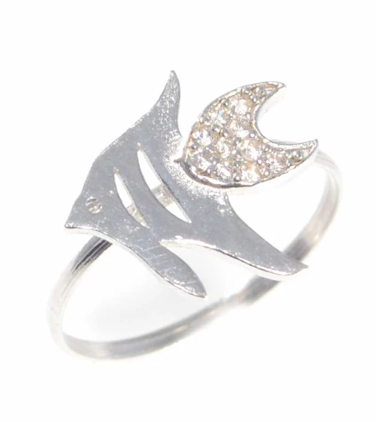 925 Ayar Gümüş Balık Yüzük, Beyaz - Beyaz Taş - Resim 5