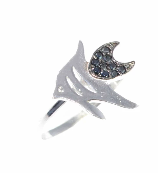 925 Ayar Gümüş Balık Yüzük, Beyaz - Siyah Taş - Resim 3