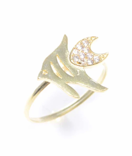 925 Ayar Gümüş Balık Yüzük, Sarı - Beyaz Taş - Resim 4