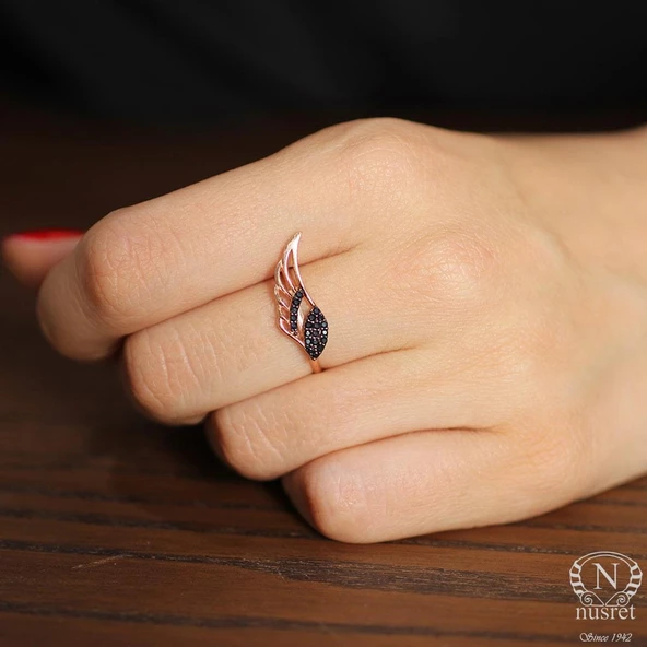 925 Ayar Gümüş Kanat Yüzük, Pembe - Siyah Taş ürün görseli 1