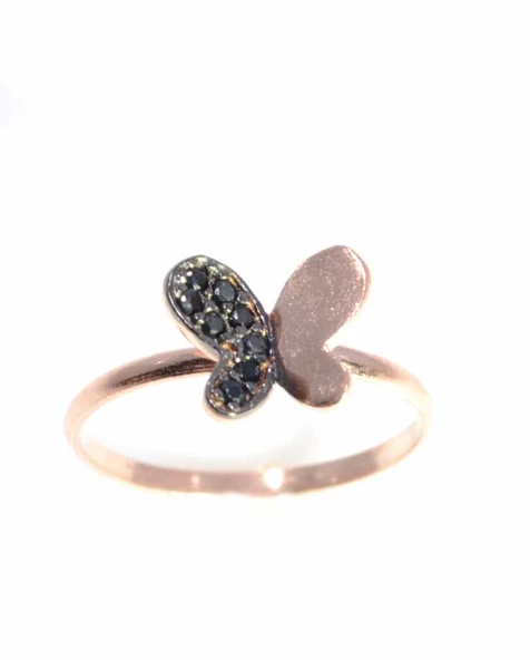 925 Ayar Gümüş Kelebek Yüzük, Pembe - Siyah Taş ürün görseli