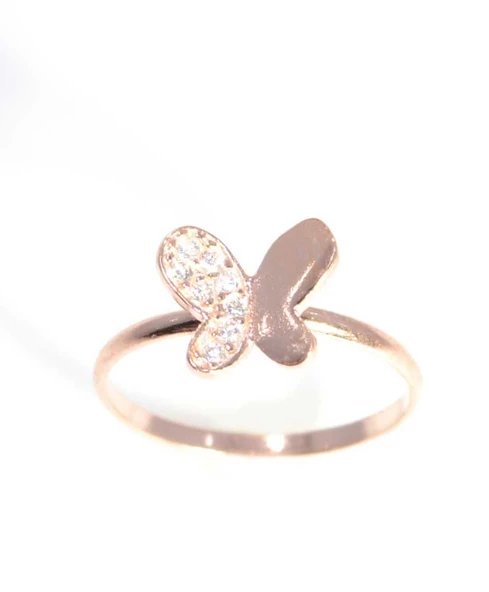 925 Ayar Gümüş Kelebek Yüzük, Pembe - Beyaz Taş ürün görseli