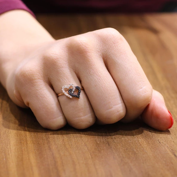 925 Ayar Gümüş Çift Kalp Yüzük, Pembe - Beyaz Siyah Taş ürün görseli