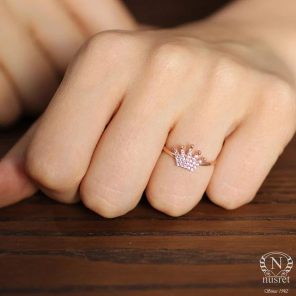 925 Ayar Gümüş Taç Yüzük, Pembe - Beyaz Taş ürün görseli 1