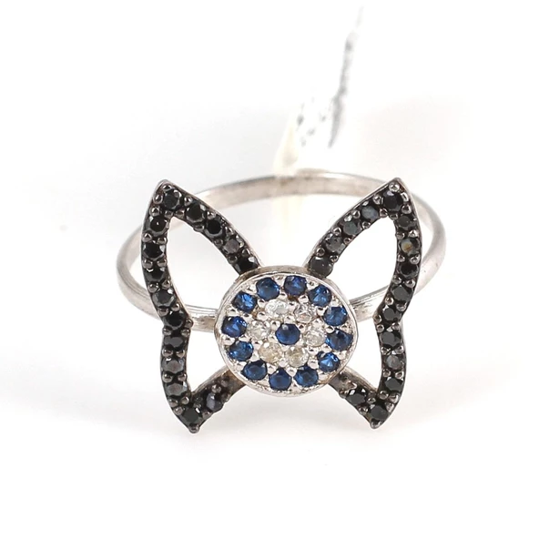 925 Ayar Gümüş Nazar Boncuklu Kelebek Yüzük, Beyaz - Resim 2