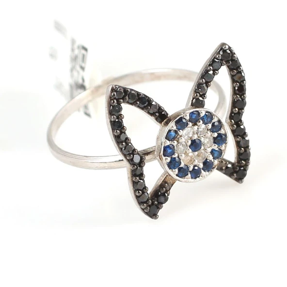 925 Ayar Gümüş Nazar Boncuklu Kelebek Yüzük, Beyaz - Resim 3