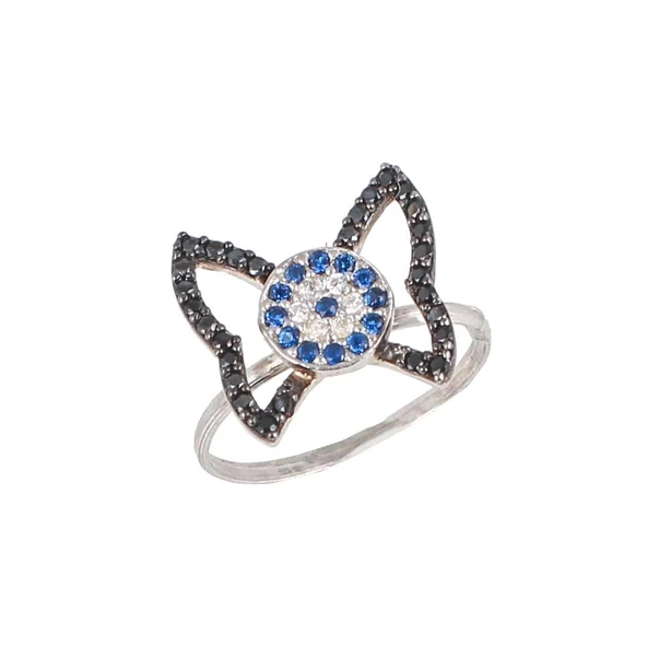 925 Ayar Gümüş Nazar Boncuklu Kelebek Yüzük, Beyaz ürün görseli 1