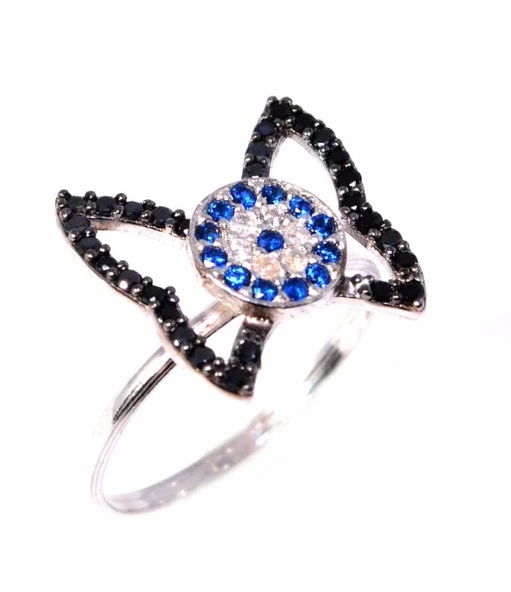 925 Ayar Gümüş Nazar Boncuklu Kelebek Yüzük, Beyaz - Resim 4