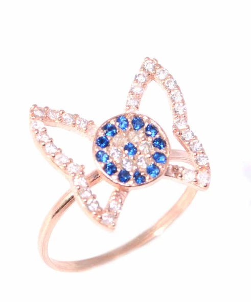 925 Ayar Gümüş Nazar Boncuklu Kelebek Yüzük, Pembe - Beyaz Taş - Resim 4