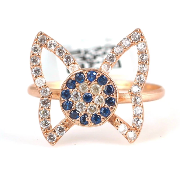 925 Ayar Gümüş Nazar Boncuklu Kelebek Yüzük, Pembe - Beyaz Taş ürün görseli 1