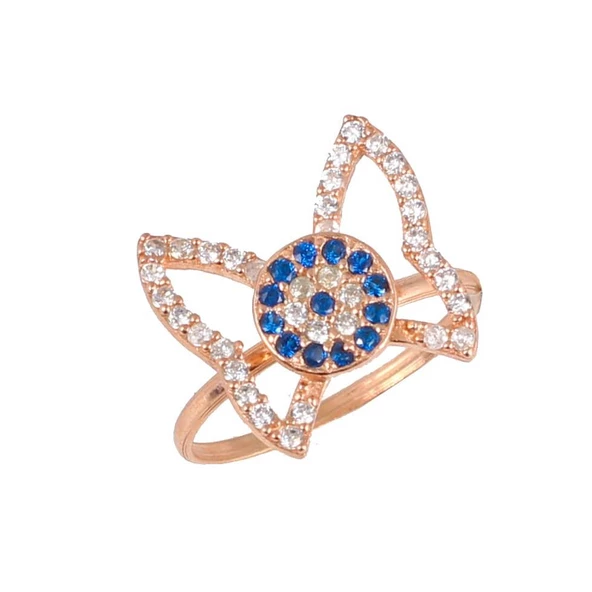 925 Ayar Gümüş Nazar Boncuklu Kelebek Yüzük, Pembe - Beyaz Taş - Resim 2