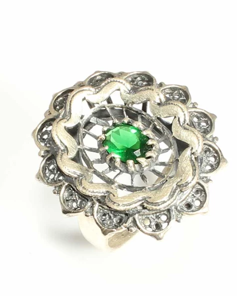 925 Ayar Gümüş Yeşil Zirkon Taşlı Telkari Yüzük ürün görseli