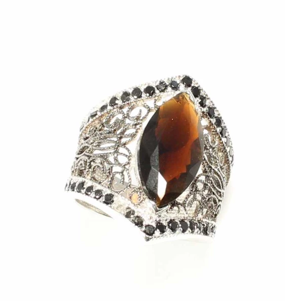 925 Ayar Gümüş Kuvars Taşlı Telkari Yüzük - Resim 2