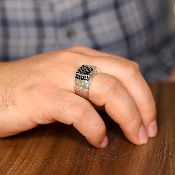 925 Ayar Gümüş Fihi ma Fih Fetih Yüzük, Beyaz - Siyah Taş ürün görseli