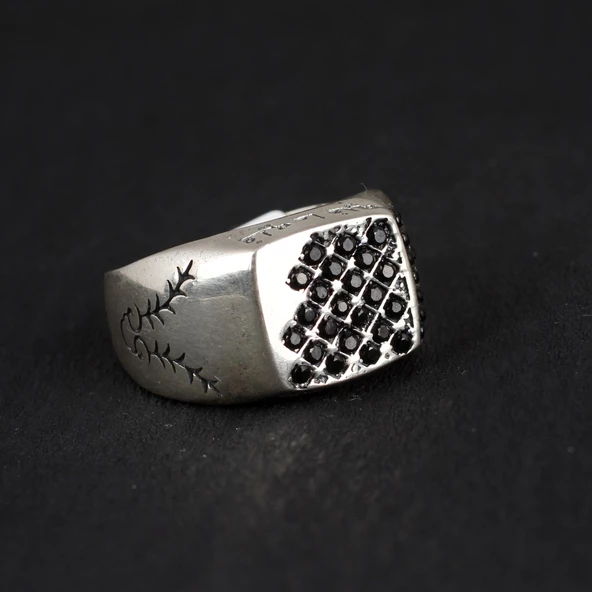 925 Ayar Gümüş Fihi ma Fih Fetih Yüzük, Beyaz - Siyah Taş - Resim 3