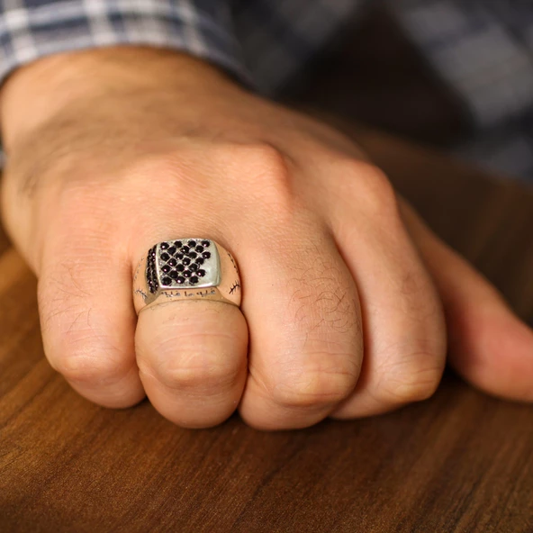 925 Ayar Gümüş Fihi ma Fih Fetih Yüzük, Beyaz - Siyah Taş - Resim 2