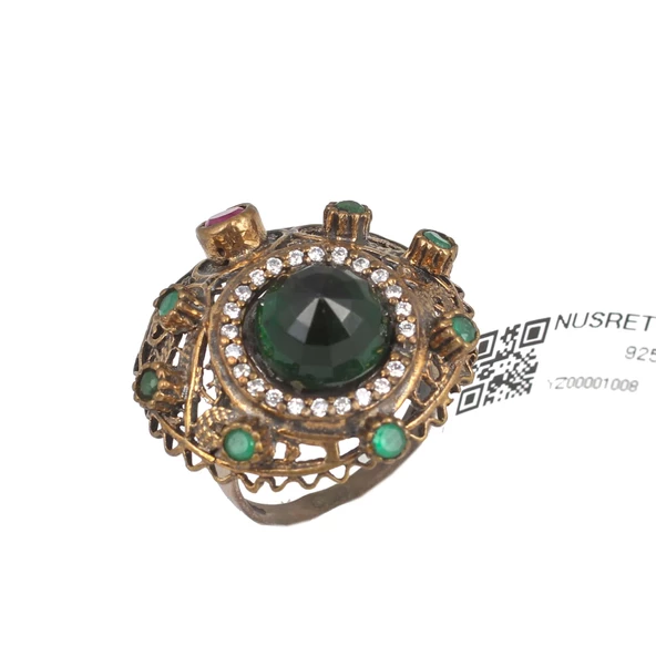 925 Ayar Gümüş Zümrüt Taşlı Kubbe Yüzük - Resim 5