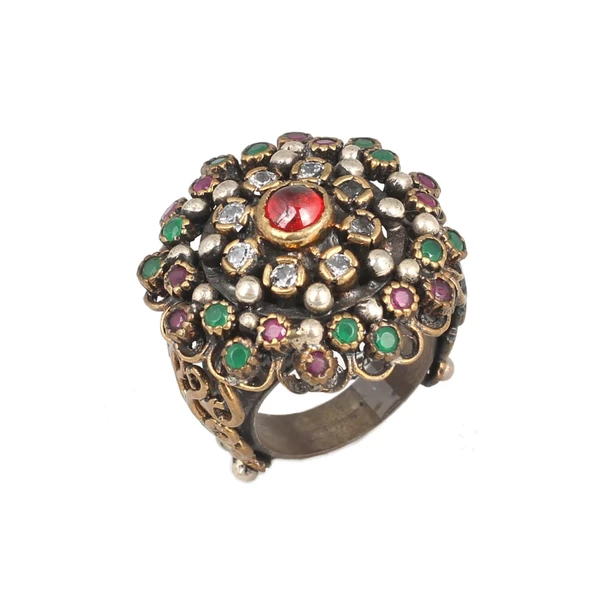 925 Ayar Gümüş ve Bronz Karışımı Taşlı Desenli Yüzük - Resim 5