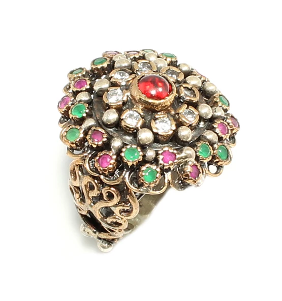 925 Ayar Gümüş ve Bronz Karışımı Taşlı Desenli Yüzük - Resim 6