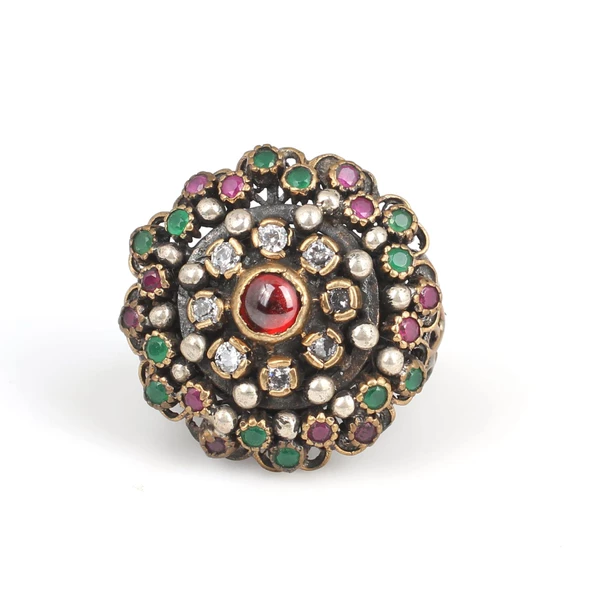 925 Ayar Gümüş ve Bronz Karışımı Taşlı Desenli Yüzük - Resim 4