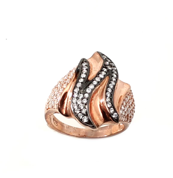 925 Ayar Rose Gümüş Zikzak Motifli Taşlı Yüzük ürün görseli