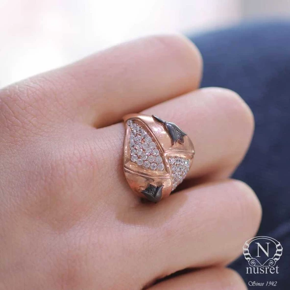 925 Ayar Rose Gümüş Lale Motifli Taşlı Yüzük - Resim 4