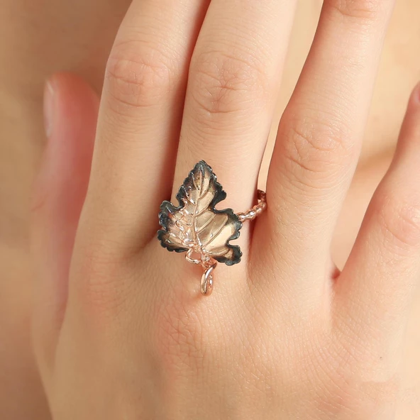 925 Ayar Rose Gümüş AsmaYaprağı Yüzük - Resim 7