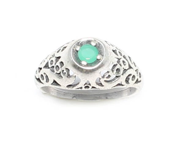 925 Ayar Gümüş Ajur Desenli Yeşil Taşlı Yüzük ürün görseli 1