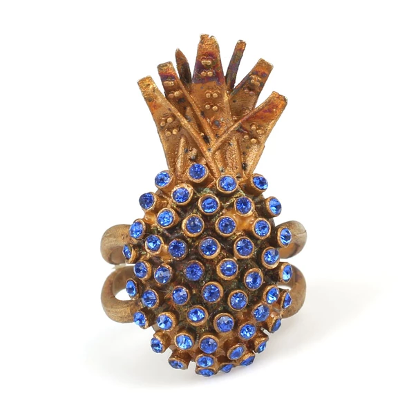 925 Ayar Gümüş Mavi Taşlı Altın Yaldızlı Ananas Yüzük - Resim 7