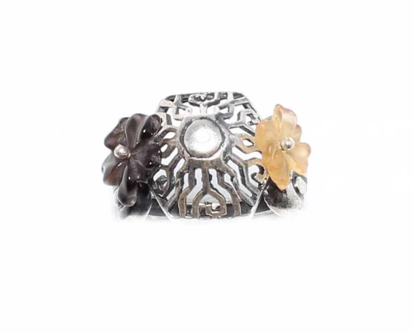 925 Ayar Gümüş Ajur Desenli Taşlı Çiçek Yüzük - Resim 2