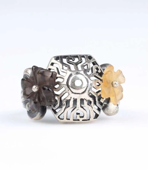 925 Ayar Gümüş Ajur Desenli Taşlı Çiçek Yüzük - Resim 5