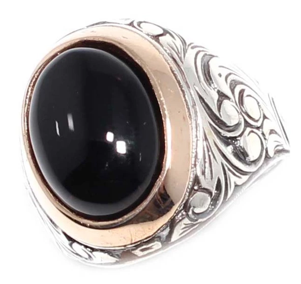 925 Ayar Gümüş ve Bronz Karışımı Oval Onyx Taşlı Erkek Yüzük ürün görseli 1