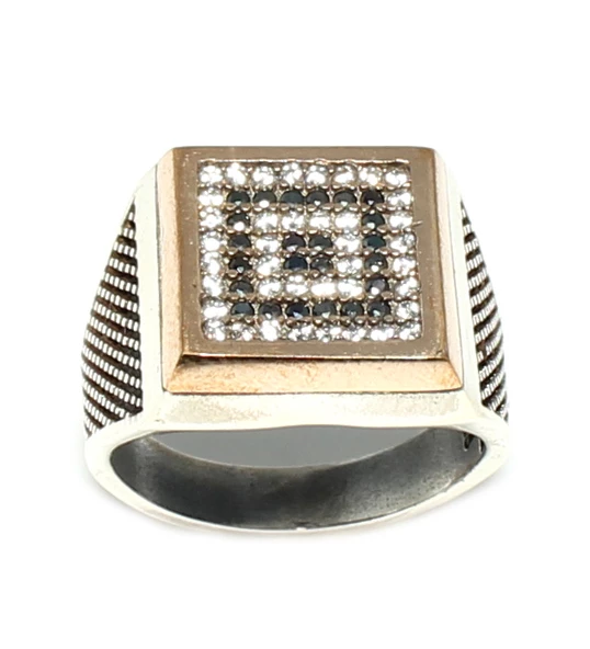 925 Ayar Gümüş Bronz Karışımı Kare Taşlı Erkek Yüzük - Resim 2