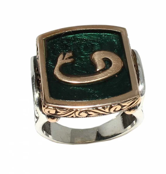 925 Ayar Gümüş Bronz Karışımı Vav Harfli Erkek Yüzük, Yeşil Mineli - Resim 2