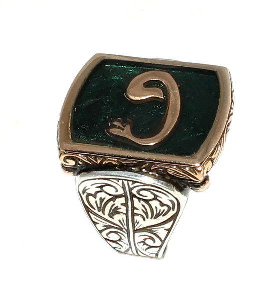 925 Ayar Gümüş Bronz Karışımı Vav Harfli Erkek Yüzük, Yeşil Mineli ürün görseli