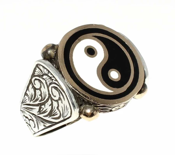 925 Ayar Gümüş ve Bronz Karışımı Ying Yang Denge Modeli Erkek Yüzüğü - Resim 3