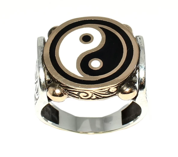 925 Ayar Gümüş ve Bronz Karışımı Ying Yang Denge Modeli Erkek Yüzüğü - Resim 2